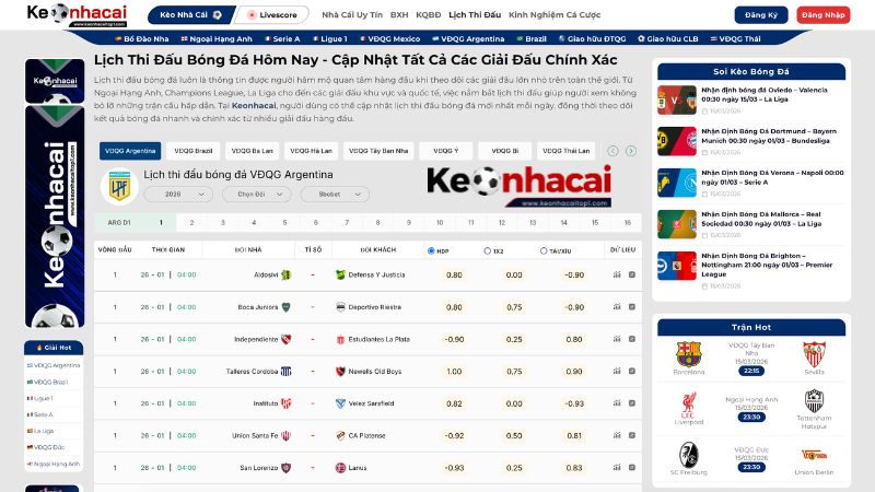 Keonhacai cập nhật lịch thi đấu bóng đá đầy đủ các giải đấu